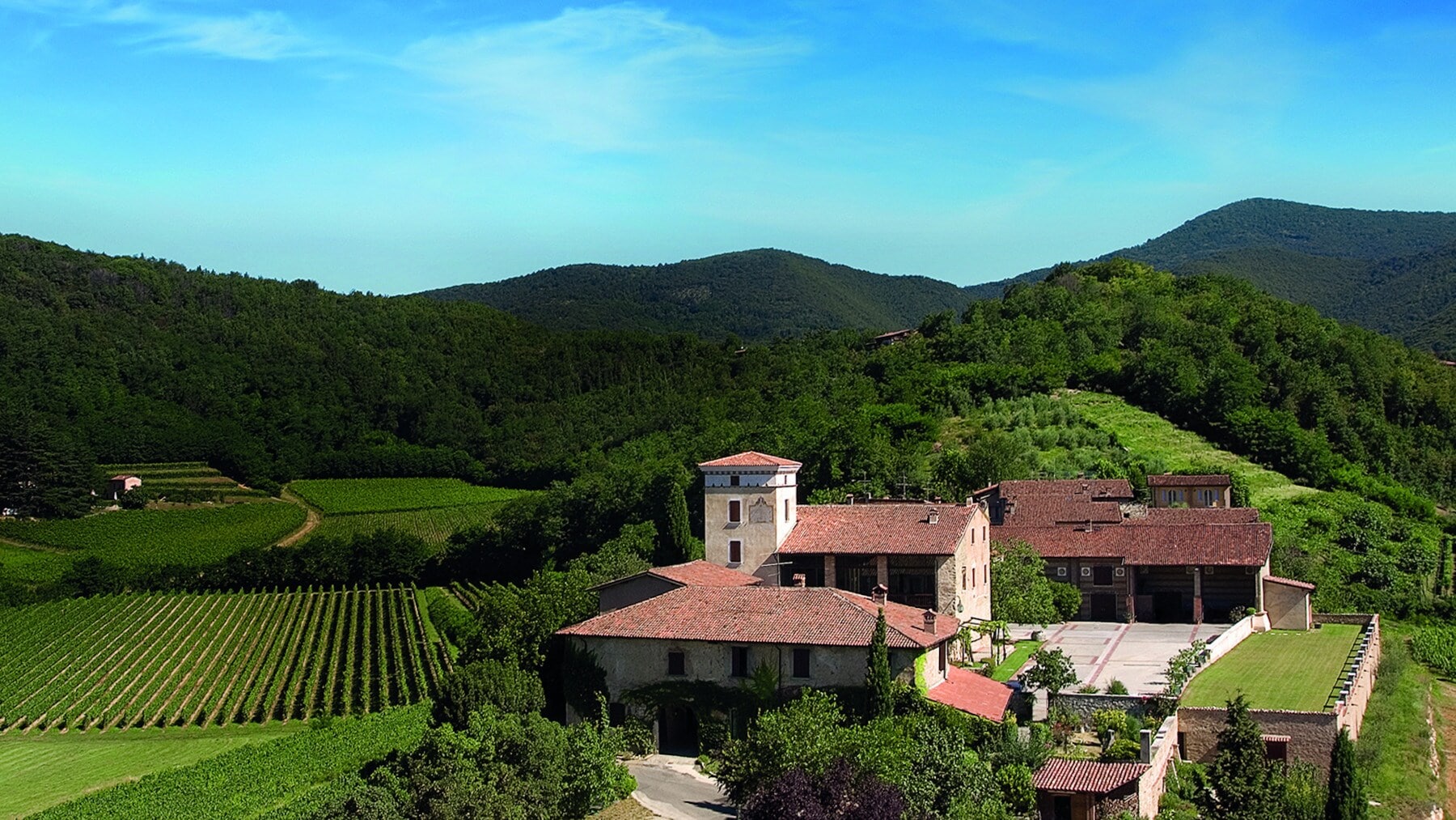 Ein Weingut inmitten einer grünen Hügellandschaft Ein Weingut inmitten einer grünen Hügellandschaft