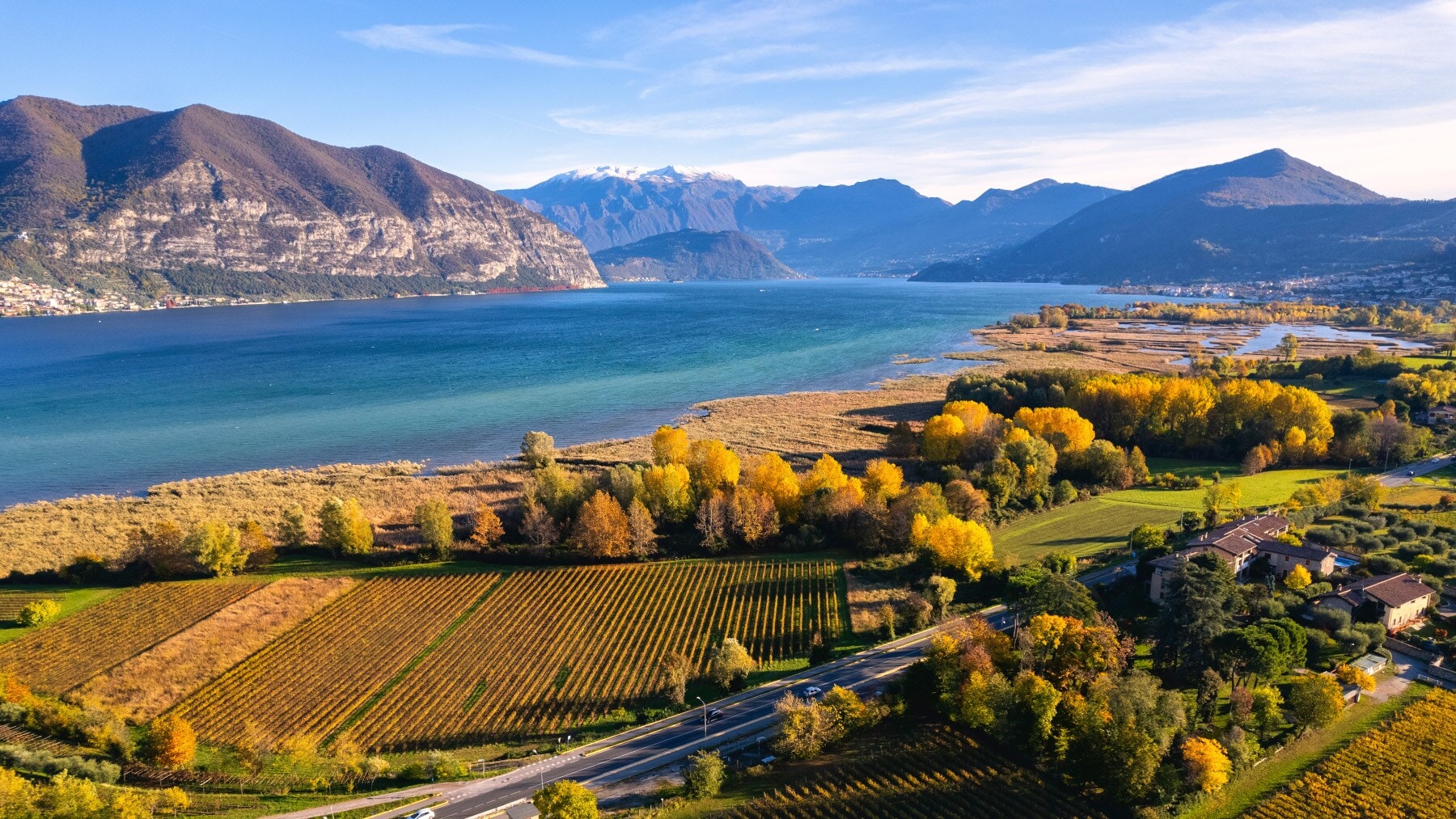 Weinbaugebiet an einem See vor Bergpanorama im Herbst Weinbaugebiet an einem See vor Bergpanorama im Herbst