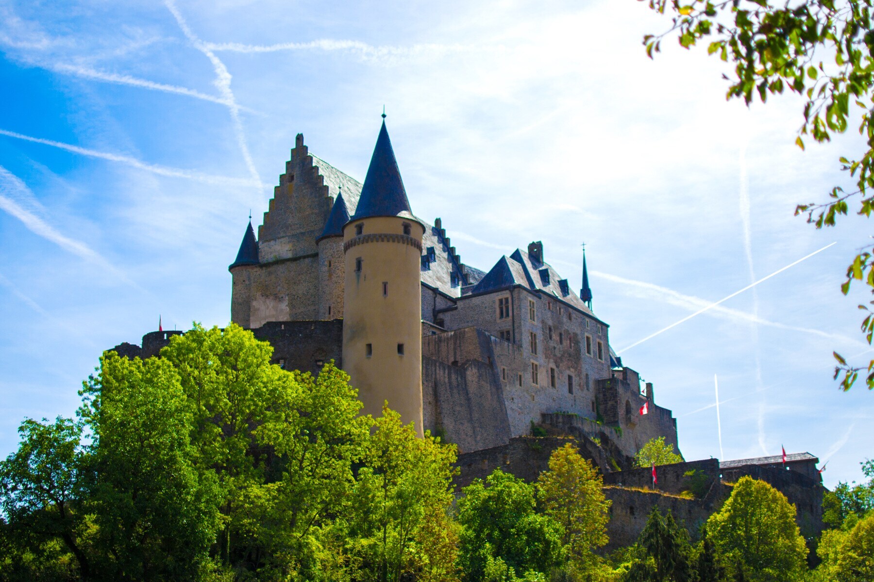 Eine von Bäumen umringte mittelalterliche Burg auf einer Anhöhe