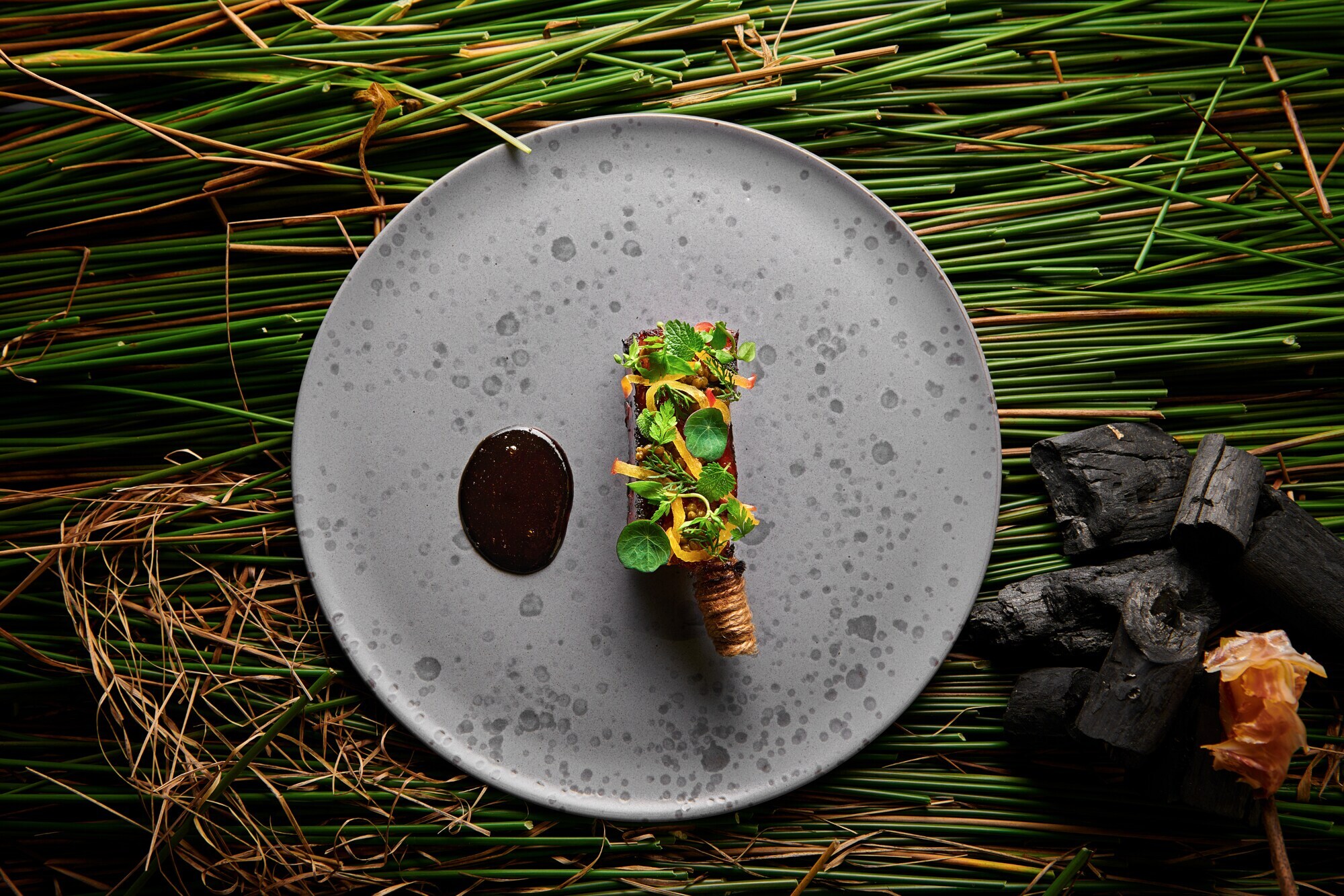 Aufsicht eines minimalistischen, vegetarischen Gerichtes auf einem grauen Teller, im Hintergrund grünes Schilfrohr.