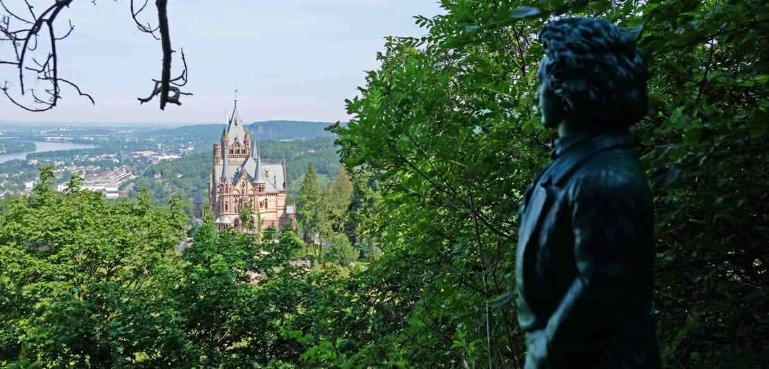 Ein altes Schloss auf einer Anhöhe, im Tal der Rhein, im Vordergrund eine Beethoven Statue und zwischendrin viele grüne Bäume und Sträucher