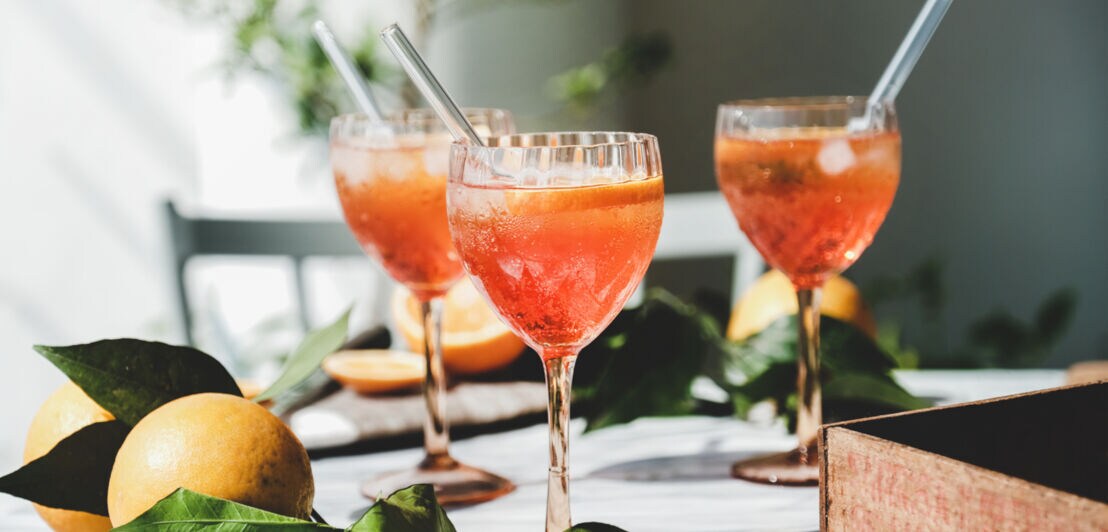 Getränk im Cocktailglas mit Eiswürfeln, Orange und Minze