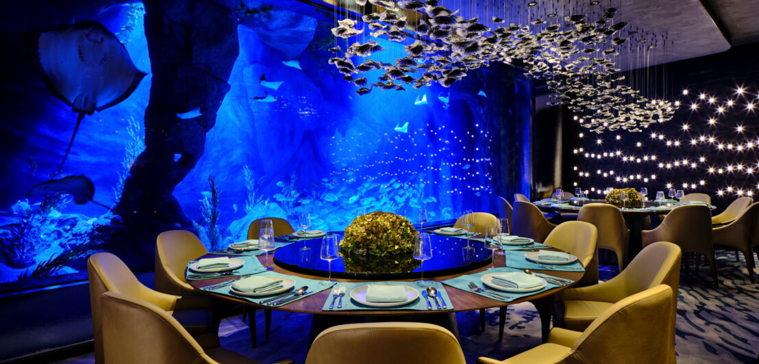 Schick gedeckter Tisch im Unterwasserrestaurant Mr.Fisher mit Blick auf die lebendige Aquariumwelt.
