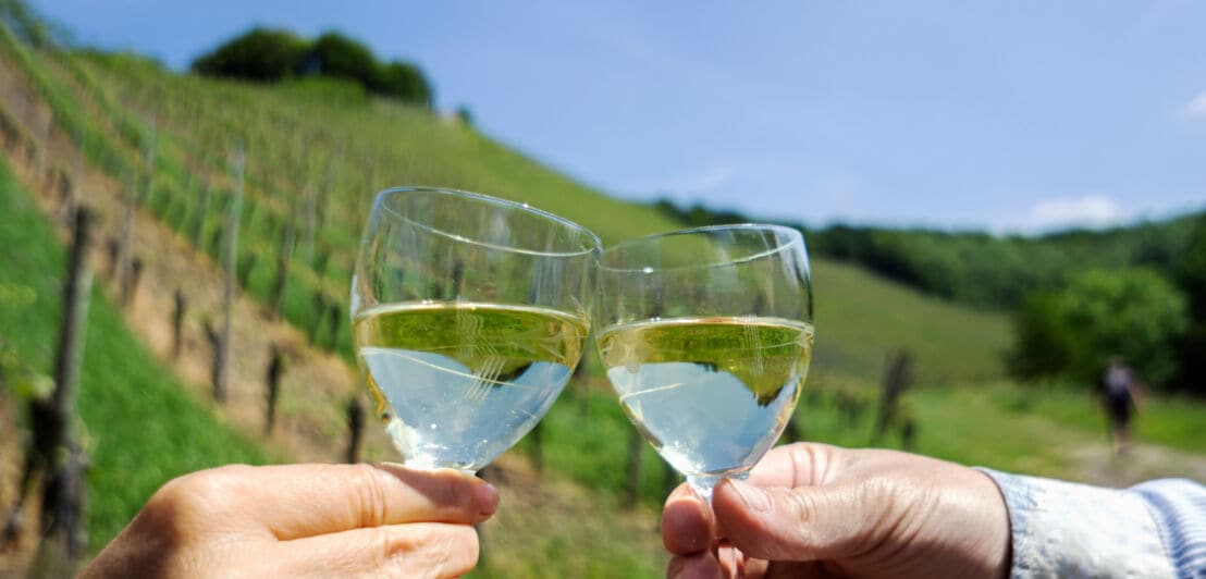 Zwei Menschen prosten sich mit einem Glas Weißwein zu