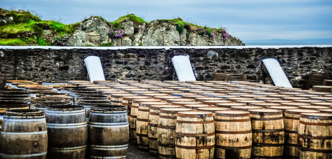 Zwei verschiedene Arten von Whiskyfässern vor einer Mauer