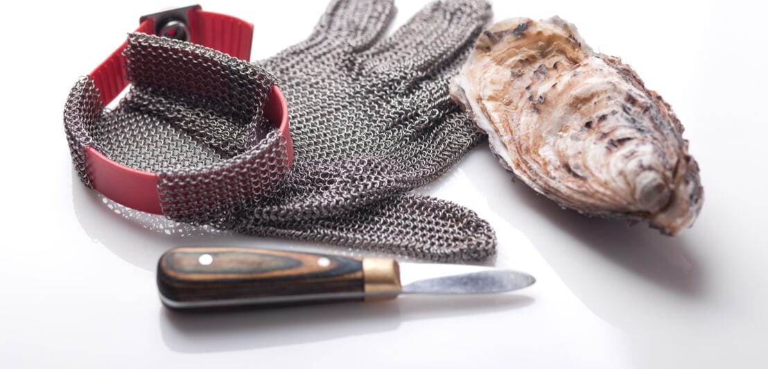 Kettenhandschuh, Austernmesser und eine Auster liegen nebeneinander