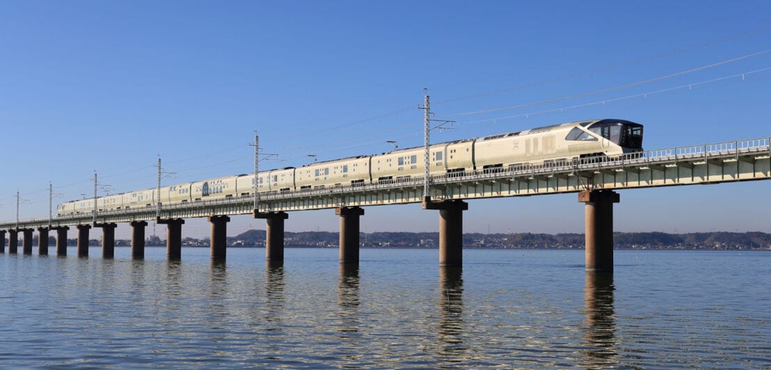 Ein moderner Zug fährt auf einer Eisenbahnbrücke über Wasser
