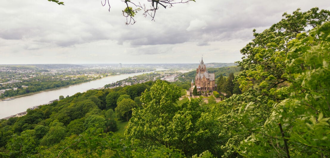 Panoramablick auf Schloss Drachenburg auf Plateau, umgeben von Wald, dahinter die Stadt Königswinter am Rhein