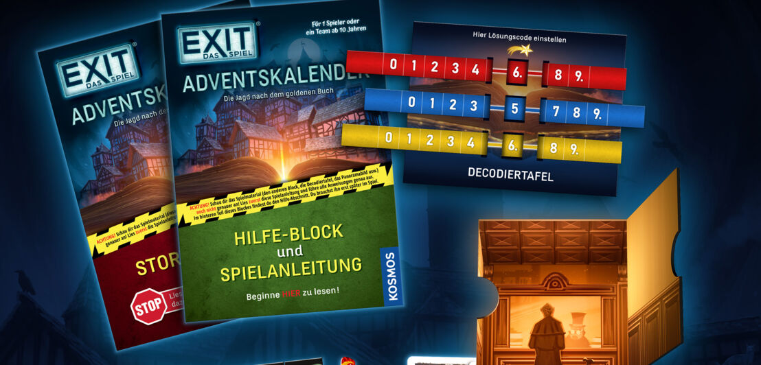Bildmontage mit Illustrationen unterschiedlicher Komponenten eines Rätsel-Spiels auf blauem Hintergrund