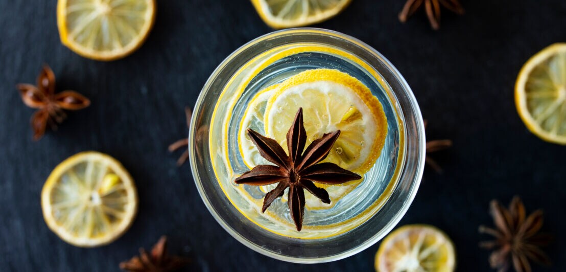 Glüh-Gin im Glas mit Sternanis und Zitronenscheiben