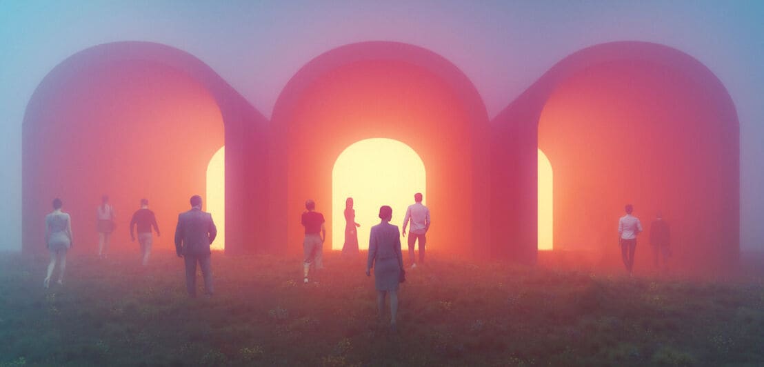 Abstrakte Szene einer Gruppe von Menschen, die im Nebel auf einer Wiese durch drei Tunnelbögen in Richtung eines hell erleuchteten Hintergrundes läuft, digitales Rendering