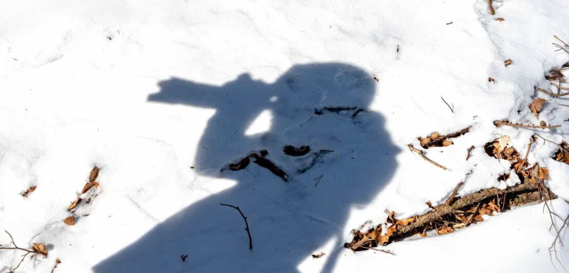 Der Schatten eines Fotografen ist im Schnee zu sehen