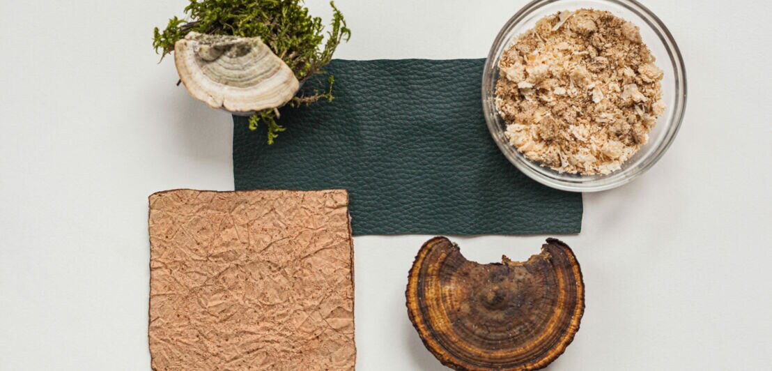 Zwei vegane Lederproben stehen zusammen mit Pilzen und einem Behälter mit Sägemehl auf einem Tisch