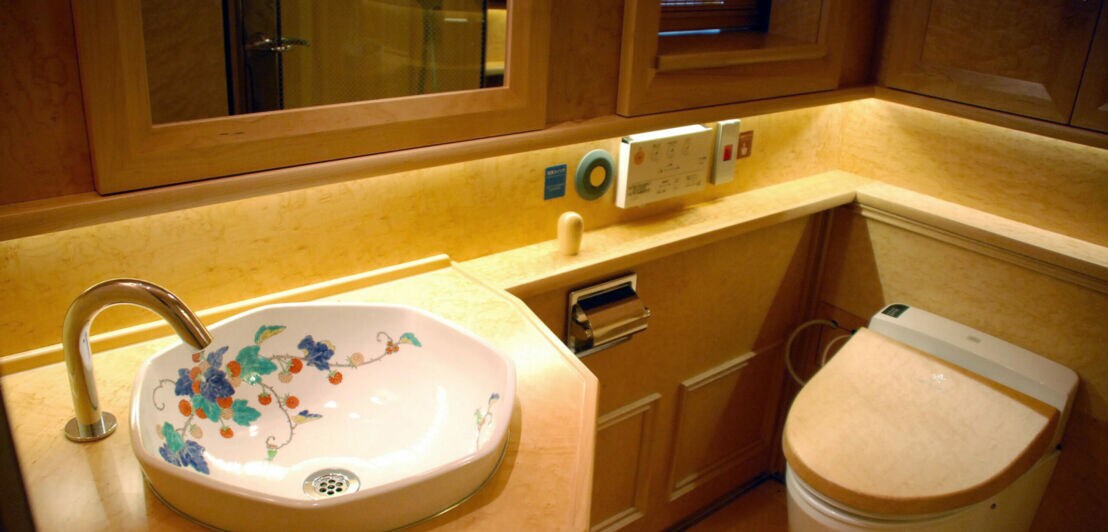 Luxuriöses Bad in einem Reisezug mit bemaltem Porzellanwaschbecken und beheizbarer Toilette