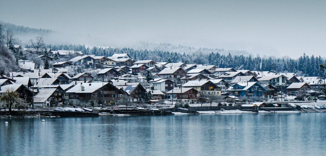 Ein schneebedecktes Dorf an einem See