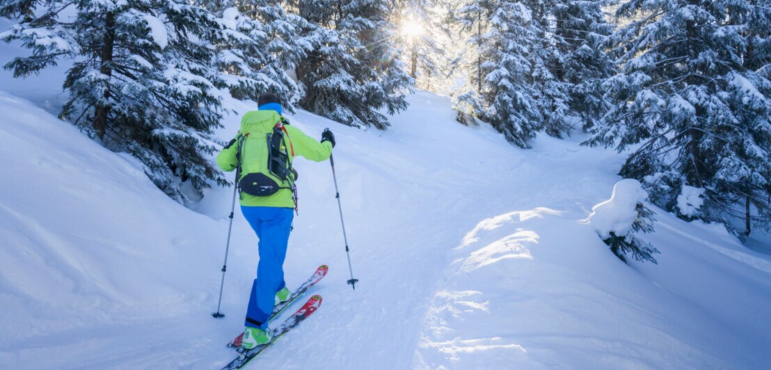 Eine Person beim Skilaufen im verschneiten Wald
