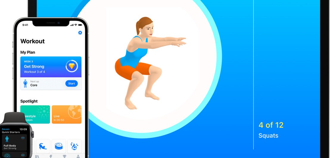 Ein Tablet, ein Smartphone und eine Smartwatch mit der Fitness-App Seven