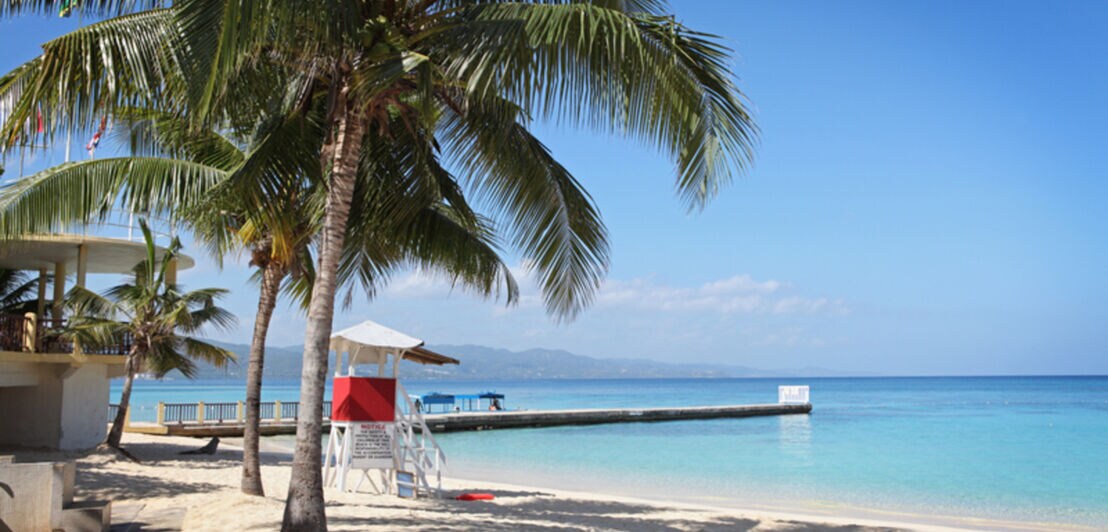 Ein Strand mit Palmen, einem Aufsichtsturm und einem langen Steg ins Wasser