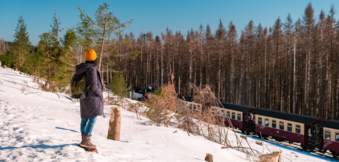 Eine Frau im Schnee vor einem Wald und einer Bahnlinie