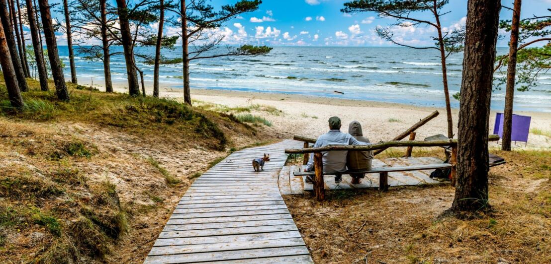 Ein Paar sitzt auf einer Bank an der Ostsee