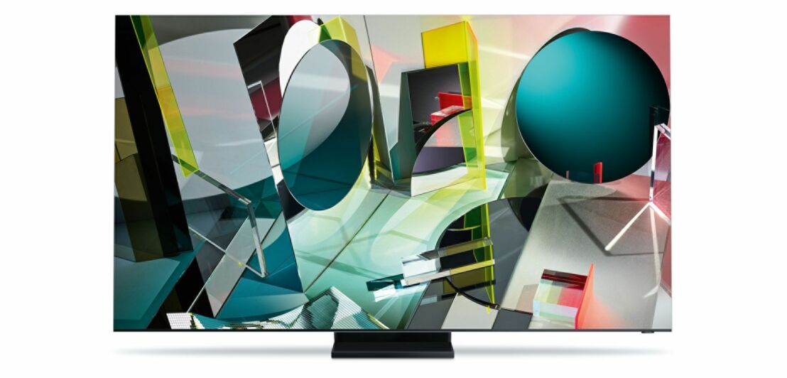 Der Samsung-Fernseher Q85Q950T mit abstrakter Kunst auf dem Screen