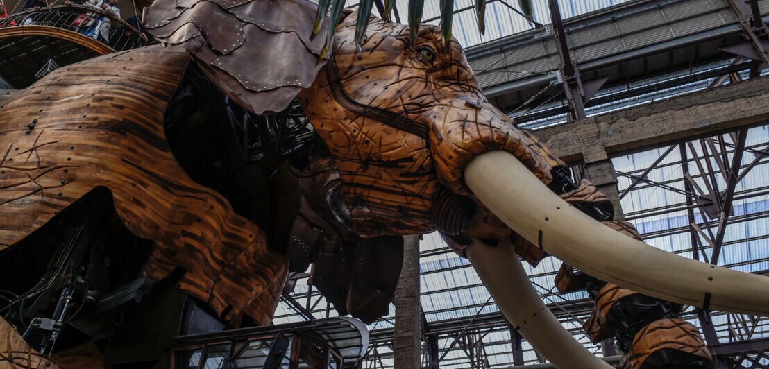 Ein riesiger Elefant aus Metall und Holz marschiert durch eine Eventhalle mit Palmen.