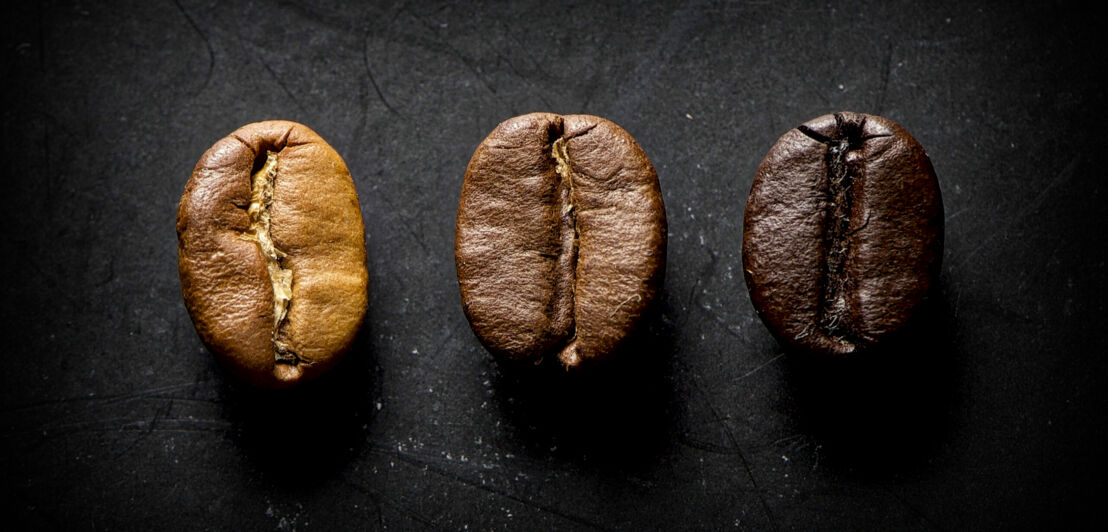 Drei Kaffeebohnen in unterschiedlichen Brauntönen.