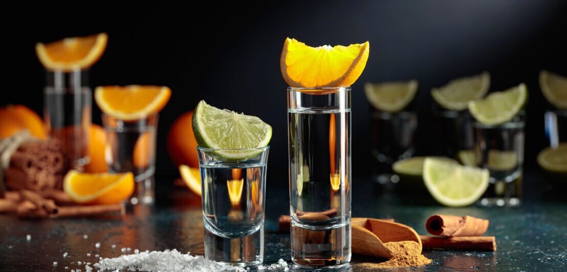 Mehrere Gläser Tequila mit Limetten, Orangen, Salz und Zimt