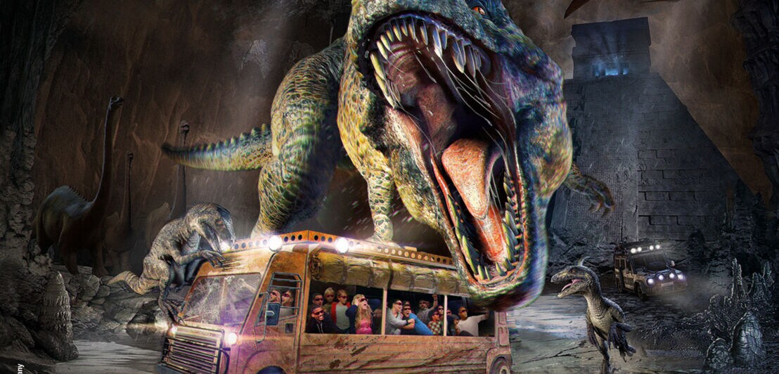 Ein Safari-Bus umgeben von Dinosauriern
