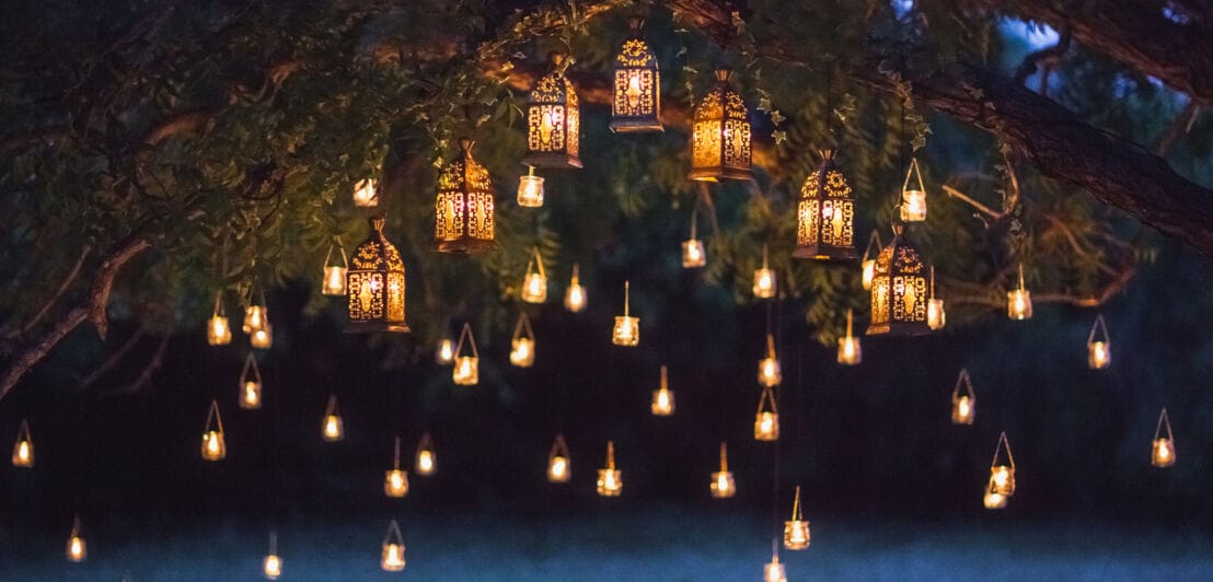 Zahlreiche orientalische Laternen und Windlichter hängen in einem Baum bei Nacht