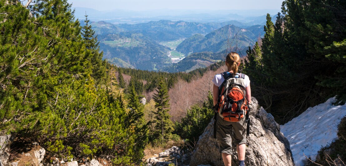 Wanderin blickt auf ein Tal in Slowenien