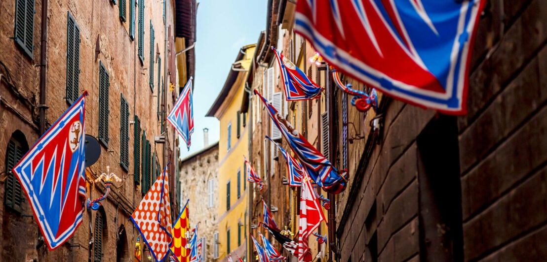 Bunte Banner mit Wappen wehen an Häuserfronten in einer Gasse beim Palio Fest in Siena