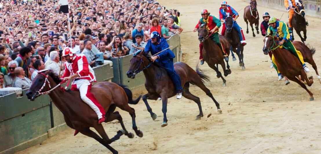 Jockeys galoppieren beim Pferderennen in Siena am Publikum vorbei