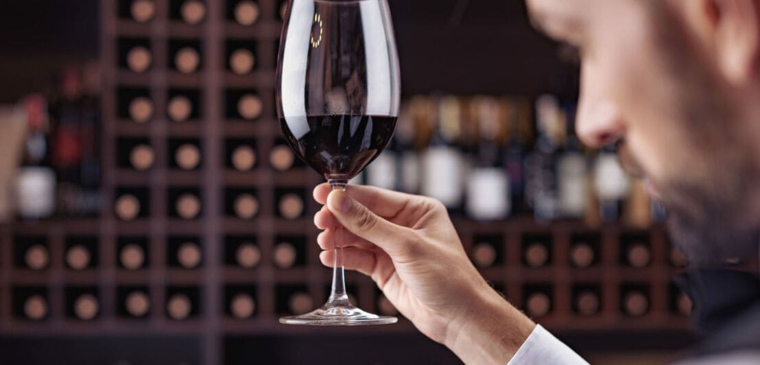 Profilaufnahme eines Sommeliers, der ein Glas Rotwein im Weinkeller begutachtet