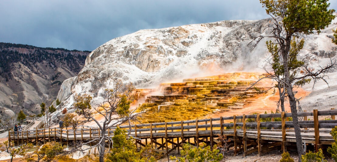 Ein Holzweg führt im Yellowstone-Nationalpark an heißen Quellen vorbei