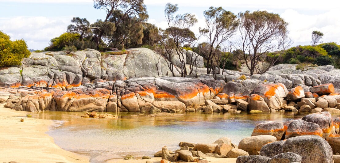 Eine Bucht in Australien mit Strand, Bäumen und rot-grauen Felsen.