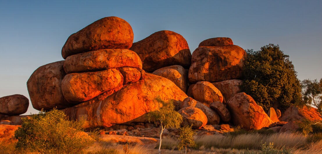 Große, rötliche Felsen in Kugelform in der Steppe in der Abendsonne 
