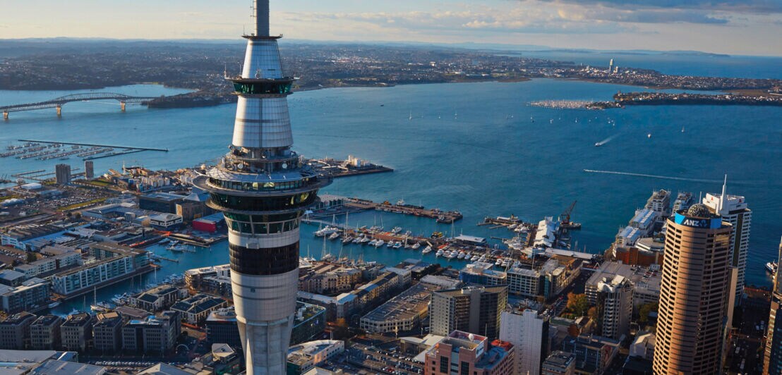 Luftaufnahme des Sky Towers mit Aussichtsplattform vor Stadtpanorama und Hafen von Auckland 