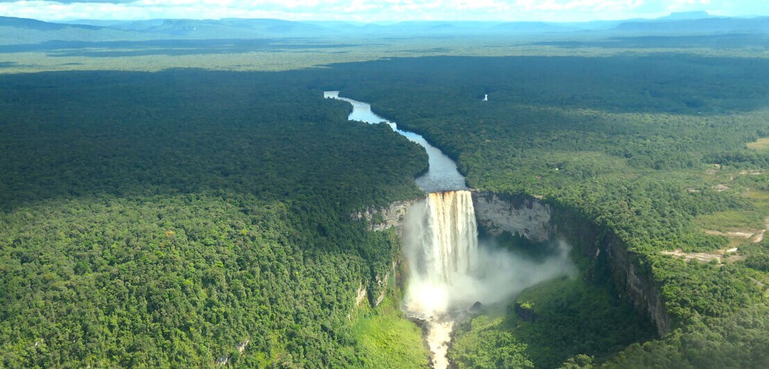 Luftaufnahme des Kaieteur-Wasserfalls in Guyana, umgeben vom tropischen Regenwald.
