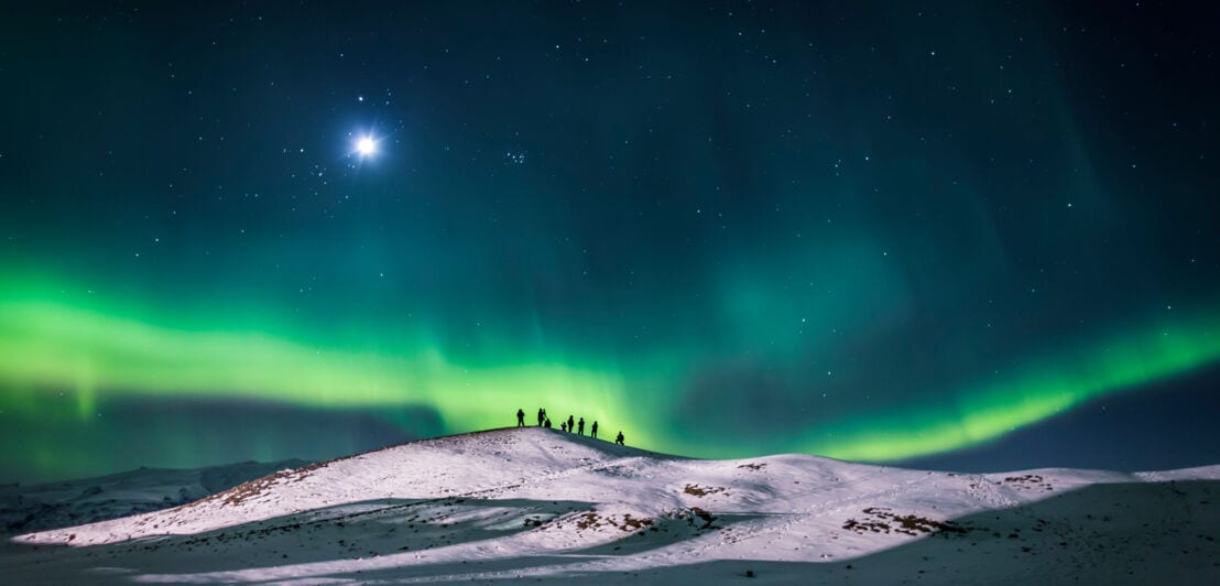 Eine Personengruppe steht in einer Schneelandschaft unter einem grünen Polarlicht am Nachthimmel