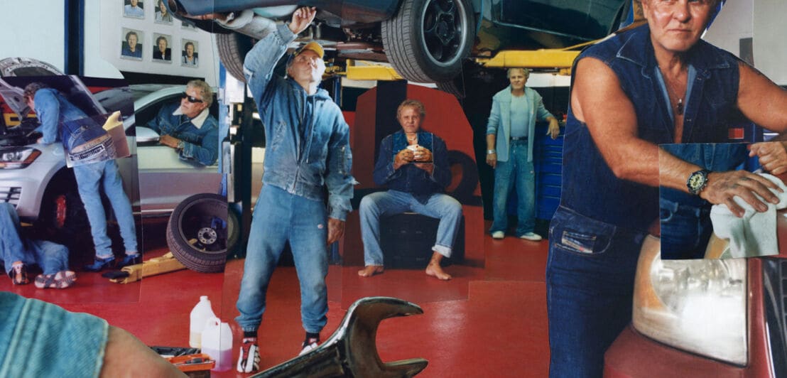 Werbekampagne von Diesel mit Bildcollagen eines Mannes in unterschiedlicher Jeanskleidung in einer Autowerkstatt