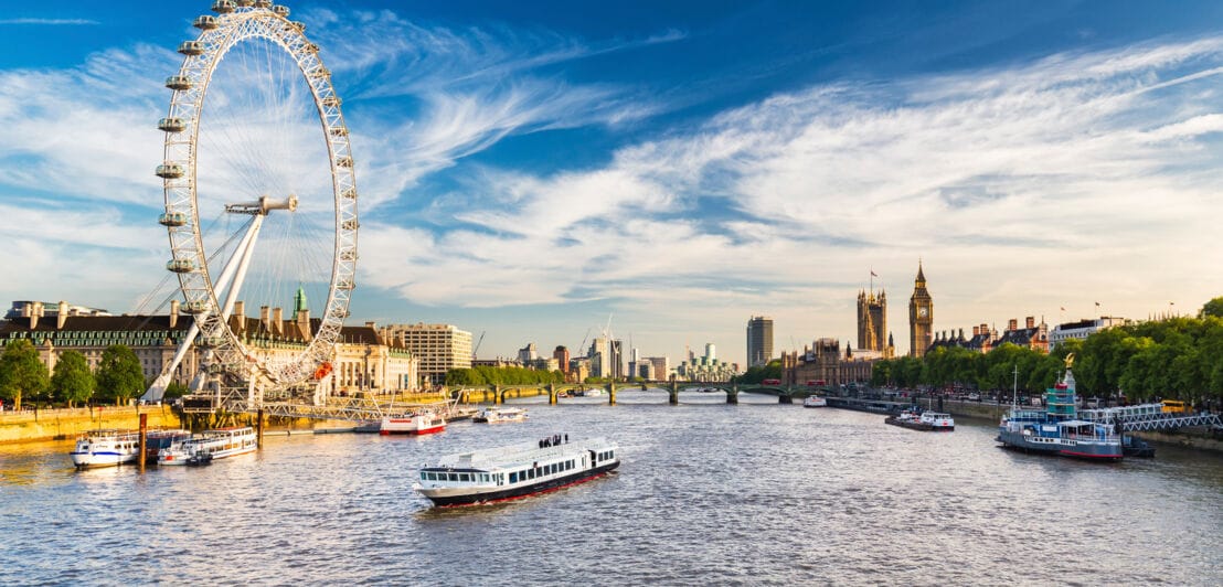 Stadtpanorama von London an der Themse mit Riesenrad