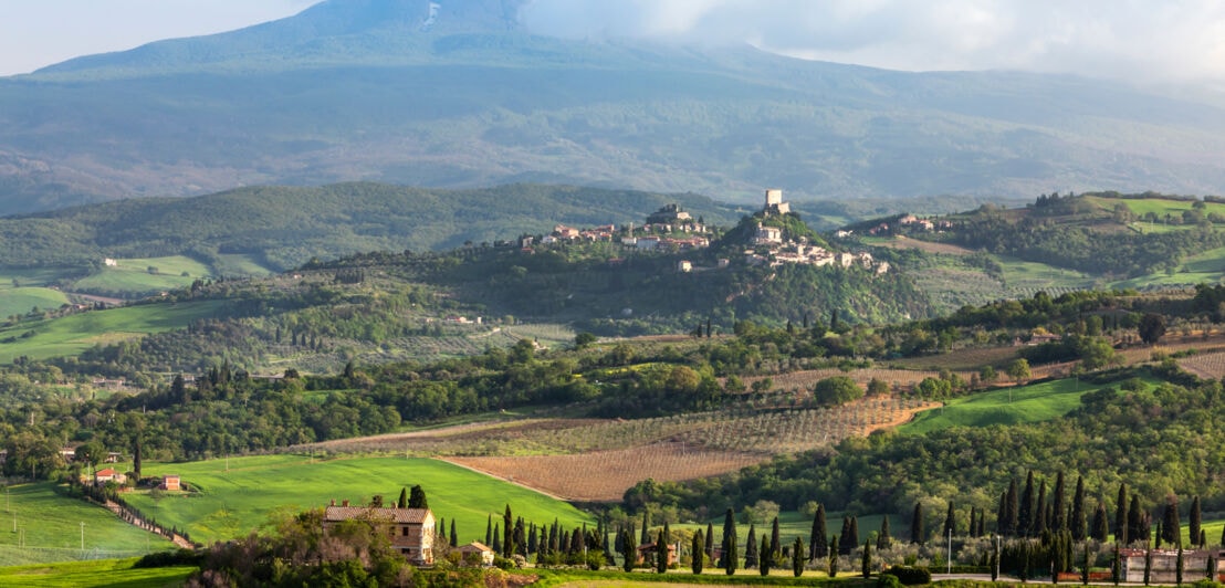 Blick auf eine Landschaft in der Toskana mit einem hohen Berg im Hintergrund