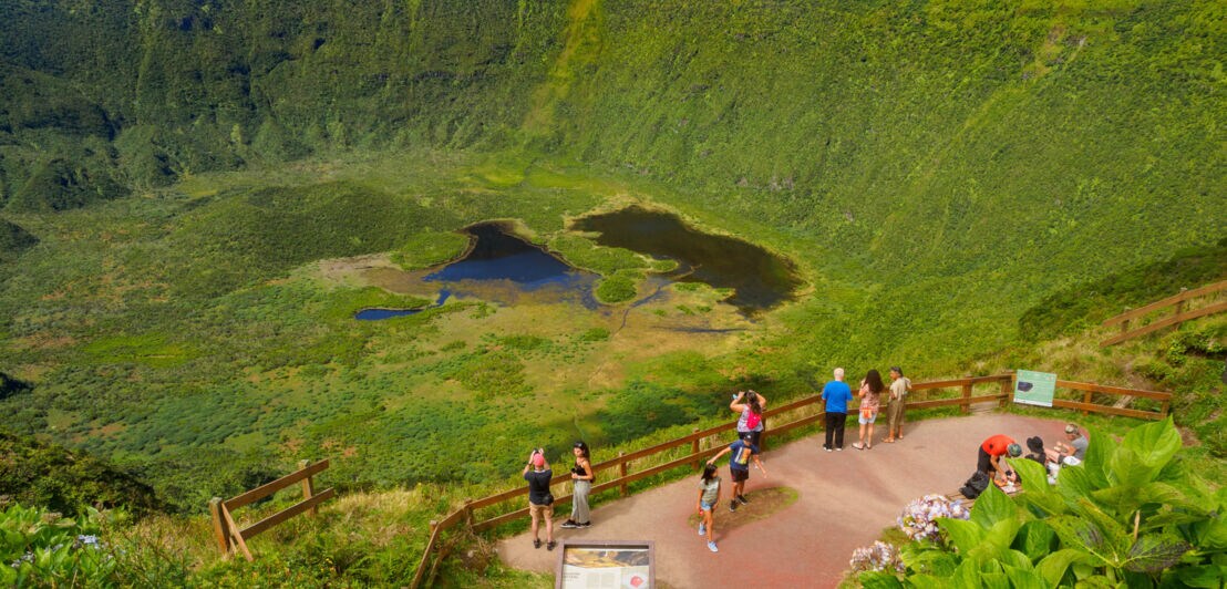 Personen auf einer Aussichtsplattform am Rande eines von Grün bedecktem Vulkankrater.