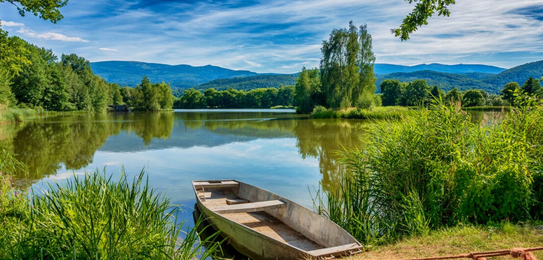 Ein angelegtes Ruderboot am Ufer eines Sees inmitten einer grünen Landschaft.