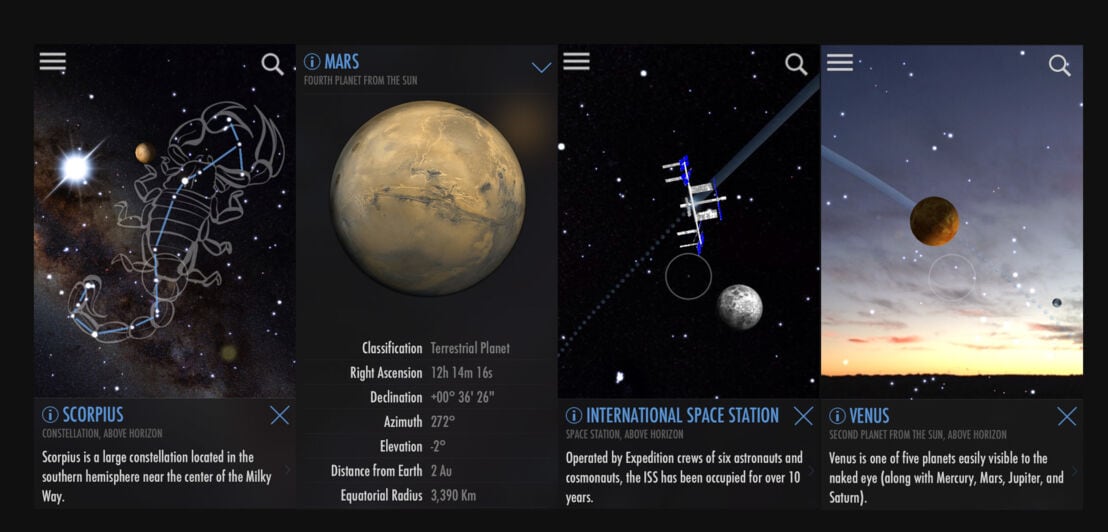 Fotomontage von vier Screenshots der AR-App SkyView Lite.