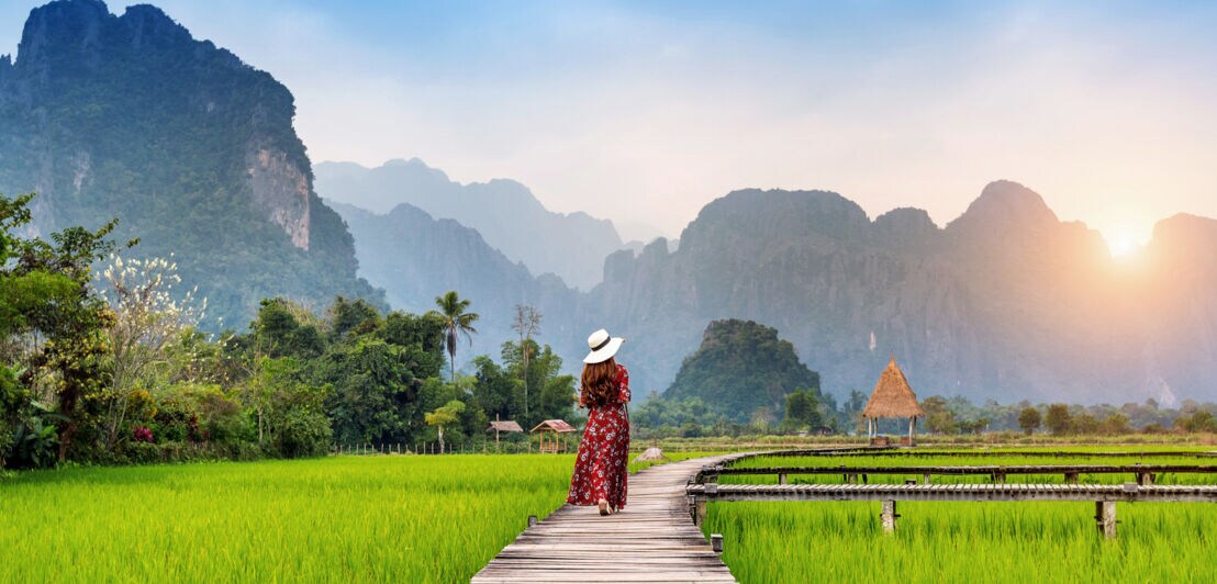 Rückansicht einer Frau mit Sonnenhut, die auf einem Holzsteg durch Reisfelder läuft, im Hintergrund eine Gebirgskette.