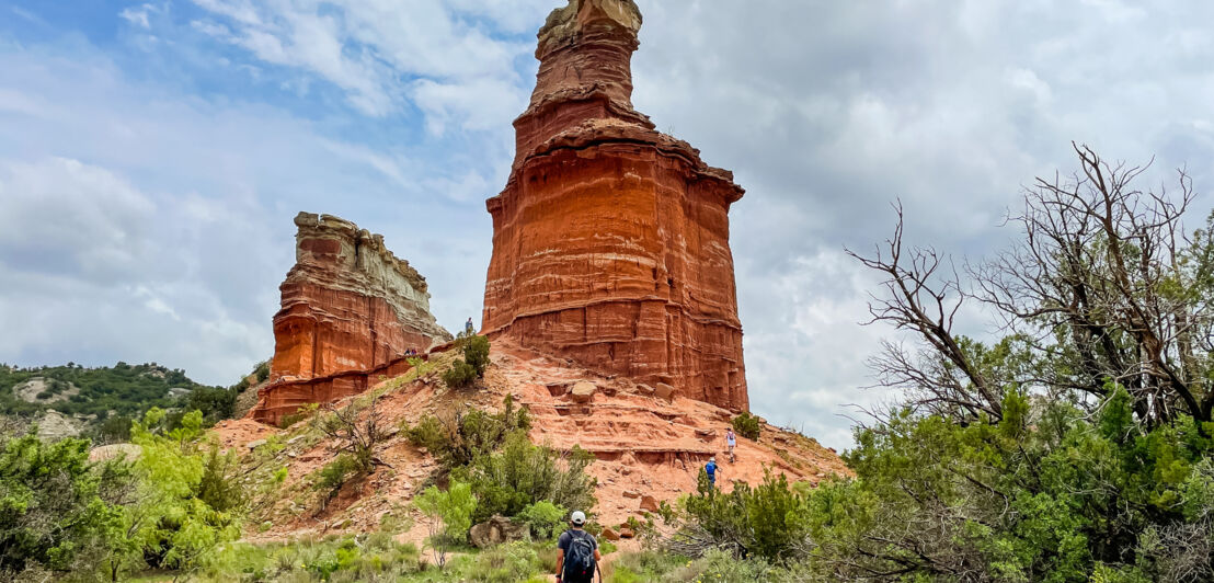 Rückansicht eines Mannes auf einem Wanderweg vor einer großen ristroten Gesteinsformation inmitten einer Wüstenlandschaft mit grünen Sträuchern.