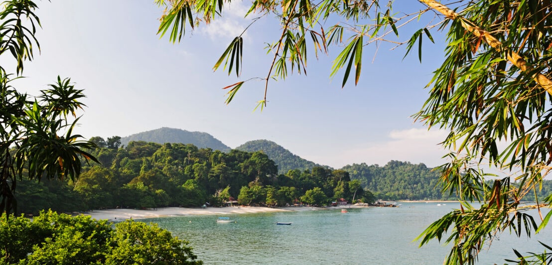 Ruhiger Strandabschnitt und Meer aus der Ferne mit sattgrünem Dschungel im Vorder- und Hintergrund.
