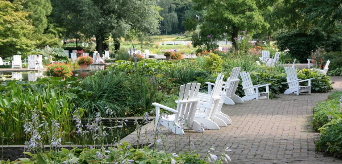 Mehrere weiße Holzstühle auf einer gepflasterten Fläche an einem Teich in einer Parkanlage mit Bäumen.